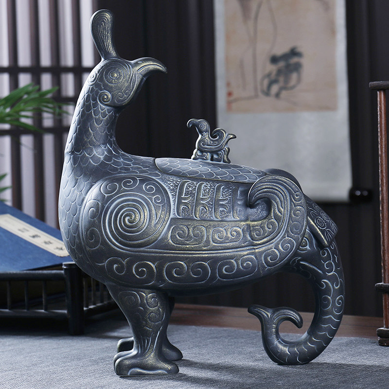 景德镇陶瓷泡酒瓶 3斤装仿古鸟尊仿青铜器白酒坛子 三斤装空酒壶