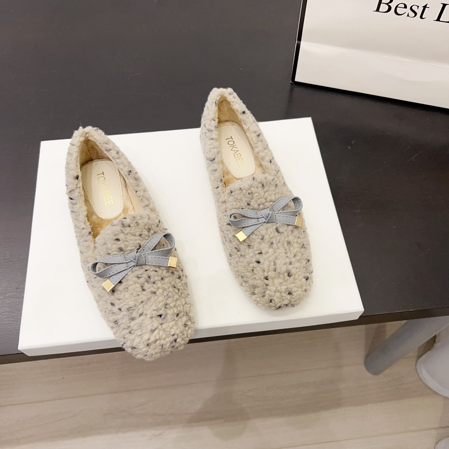 法式蝴蝶结加绒保暖毛毛鞋女