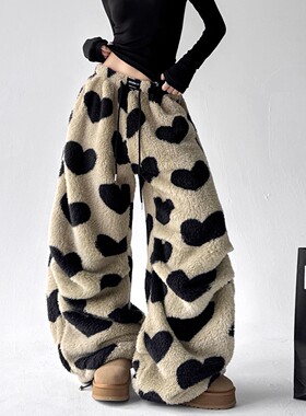 MDCW STUDIO美式爱心印花羊羔绒裤子女2025秋冬新款超可爱休闲裤