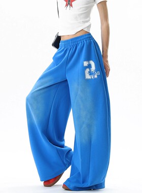 MDCW STUDIO美式潮牌蓝色阔腿裤女2025新款渐变街舞弯刀宽松卫裤