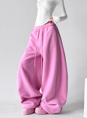 MDCW STUDIO多巴胺黄色摇粒绒运动裤女秋冬加绒加厚阔腿束脚卫裤