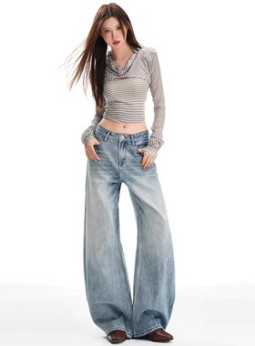 MDCW STUDIO水洗浅蓝色弯刀阔腿牛仔裤女士2025冬季加绒直筒裤子