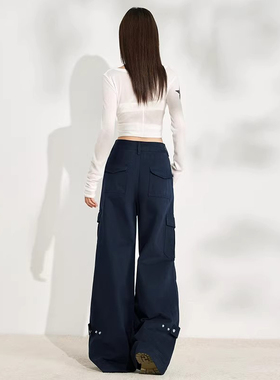 MDCW STUDIO美式复古宝蓝色工装阔腿裤女2025秋季新款显瘦牛仔裤