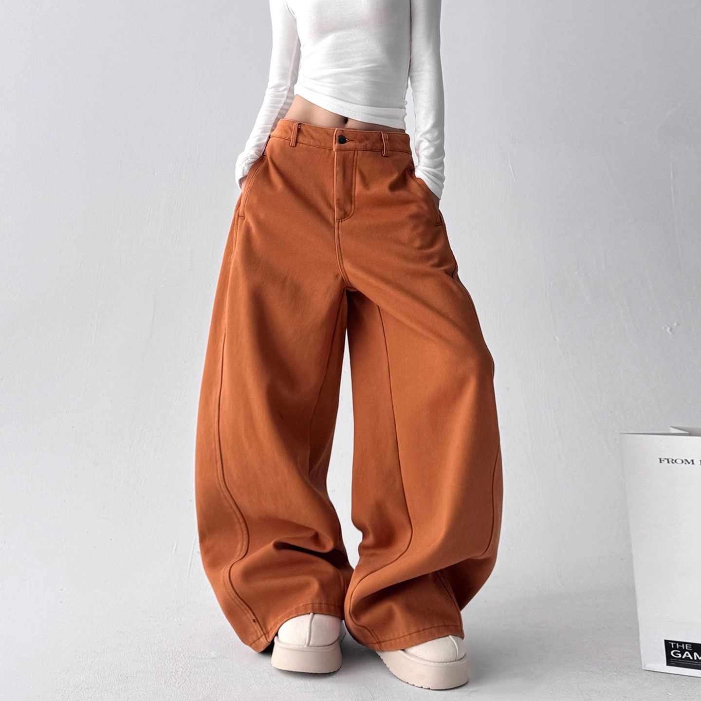 MDCWSTUDIO橘色高腰阔腿牛仔裤