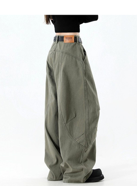 MDCW STUDIO美式解构军绿工装弯刀裤女2025秋新款宽松阔腿牛仔裤