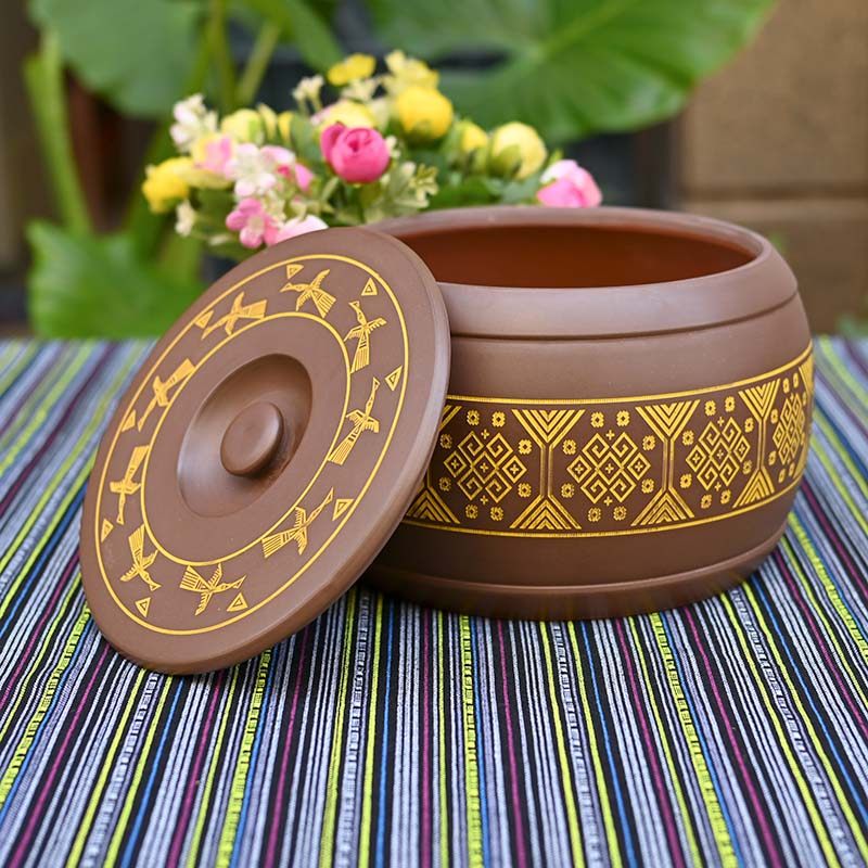 广西非遗物质文化遗产钦州坭兴陶壮锦图纹茶叶罐大号民族商务礼品