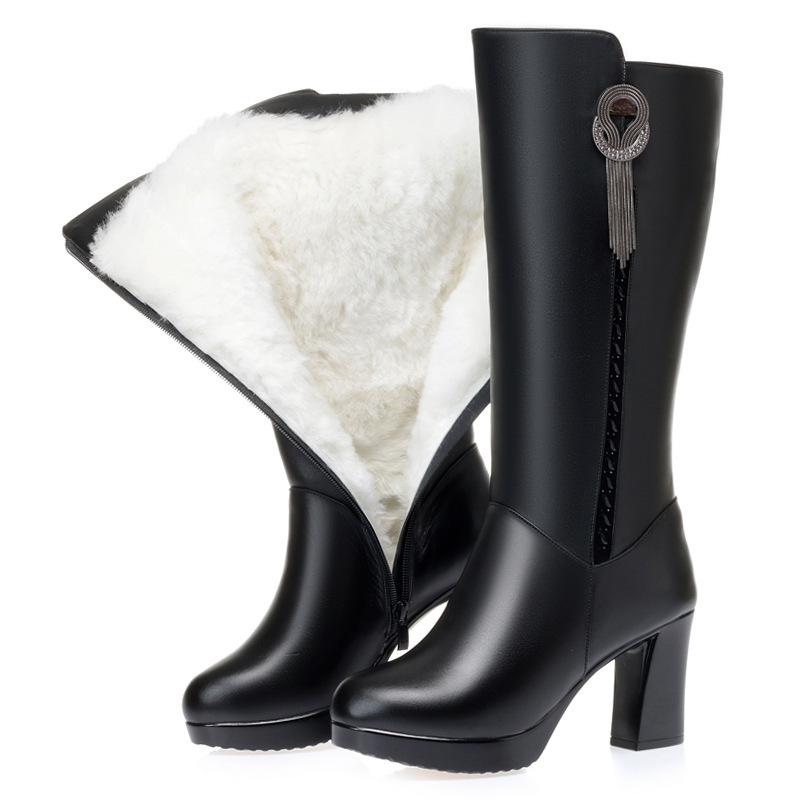 2025真皮冬季新款真皮棉鞋女高筒靴加绒粗跟长靴高跟女靴高筒