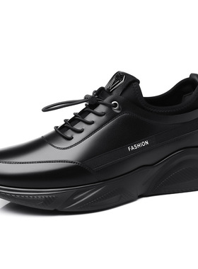 19682男鞋运动休闲鞋秋冬低帮皮面纯黑色徒步跑步运动鞋潮鞋棉鞋