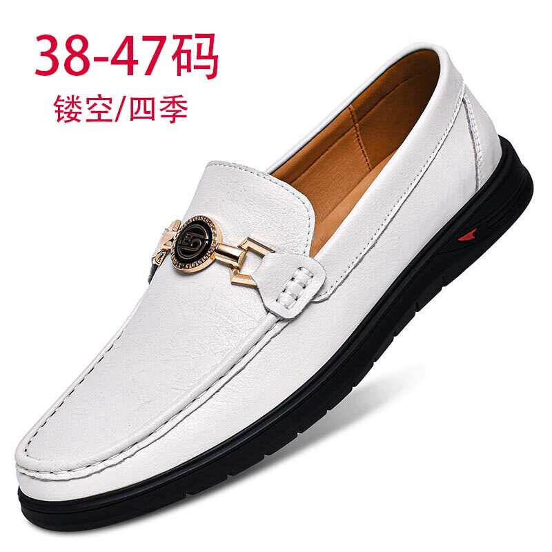 外贸大码46牛皮乐福鞋男英伦休闲小白鞋商务正装套脚镂空透气皮鞋