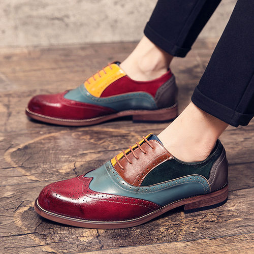 秋季男红色车缝线色前系带春季休闲尖头马丁靴坡跟皮鞋Mens shoes
