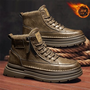 男鞋秋冬款加绒高帮棉鞋学生2025新款休闲潮流懒人皮鞋英伦马丁靴