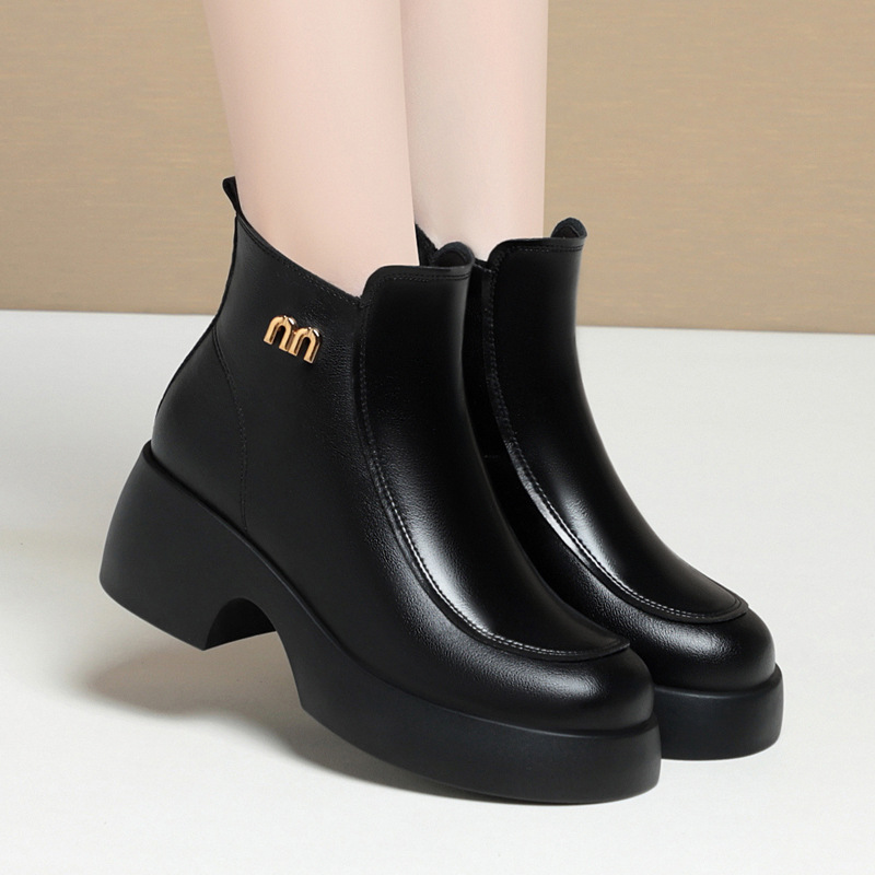 新款女鞋秋冬款靴子防滑百搭优雅加绒皮鞋松糕底马丁靴厚底妈妈鞋