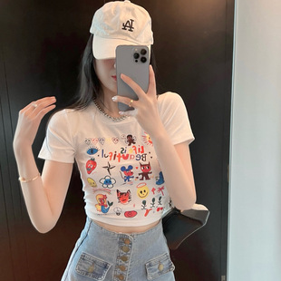 露脐印花上衣设计感小众短袖 2022夏季 短款 新款 纯欲别致甜辣妹修身