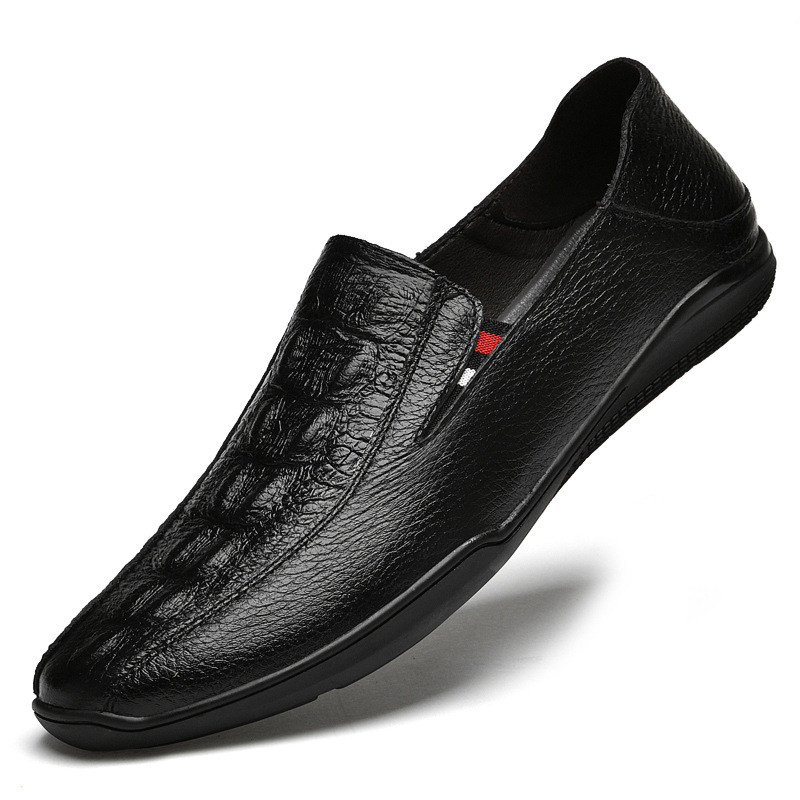 头层牛皮压花鳄鱼纹软底套脚一脚蹬英伦乐福休闲韩版男鞋