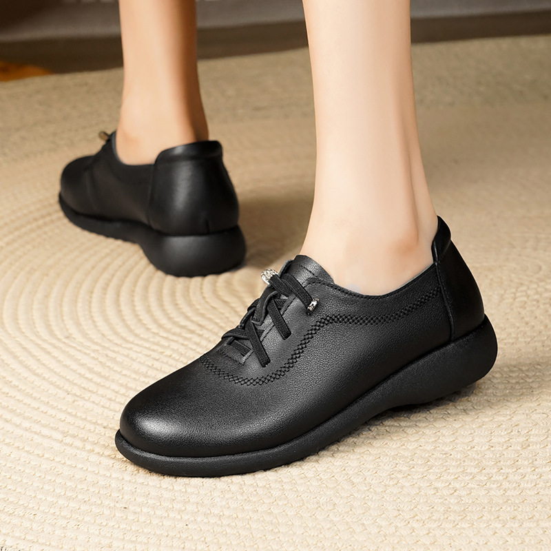 春秋新款真皮套脚软底单鞋女鞋矮跟坡跟妈妈舒适防滑皮鞋深口软底