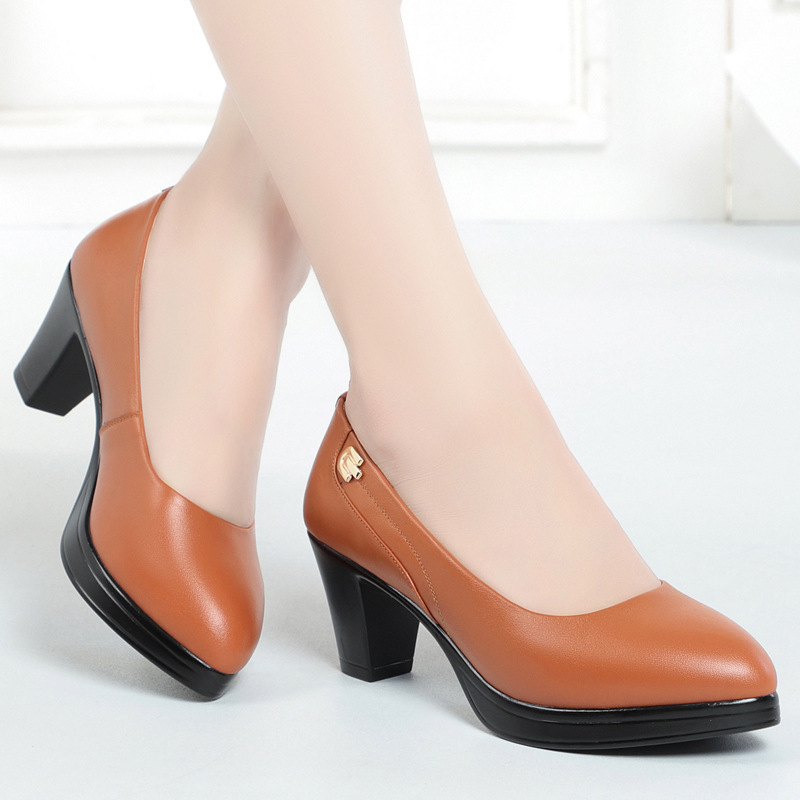 久站不累脚高跟鞋女士真皮职业工作鞋女黑色走秀单鞋软皮妈妈皮鞋