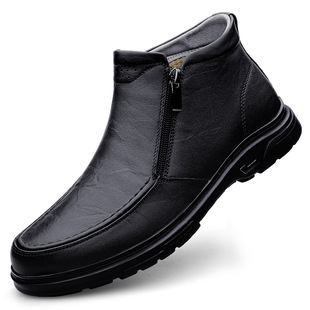 男圆头头层牛皮休闲男式 皮靴侧拉链棉靴透气马丁靴低跟皮靴男鞋