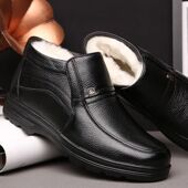 棉鞋 防滑 加绒加厚保暖皮质套脚中老年高帮男生鞋 羊毛老人棉鞋 冬季