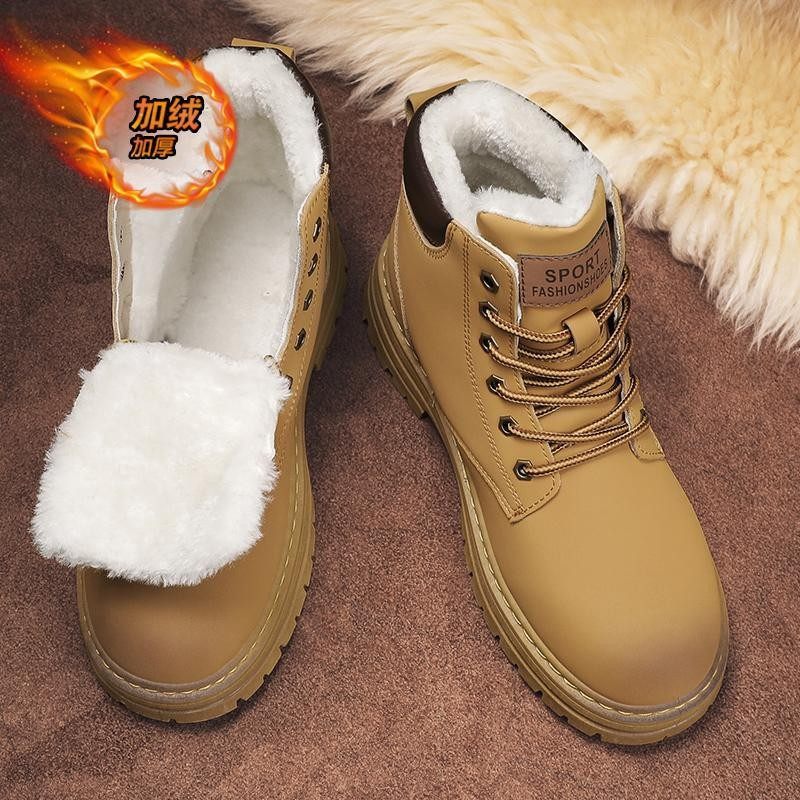 Ins大黄靴秋冬加绒高帮马丁靴男女同款外穿机车皮靴情侣工装棉鞋