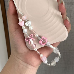 热销KT 猫粉色少女diy手机链挂绳串珠ccd相机挂链挂件ins链条