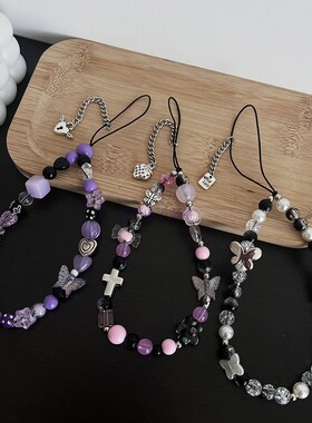 爆款个性蝴蝶手机挂绳千禧辣妹ccd相机手机链亚克力串珠紫色糖果