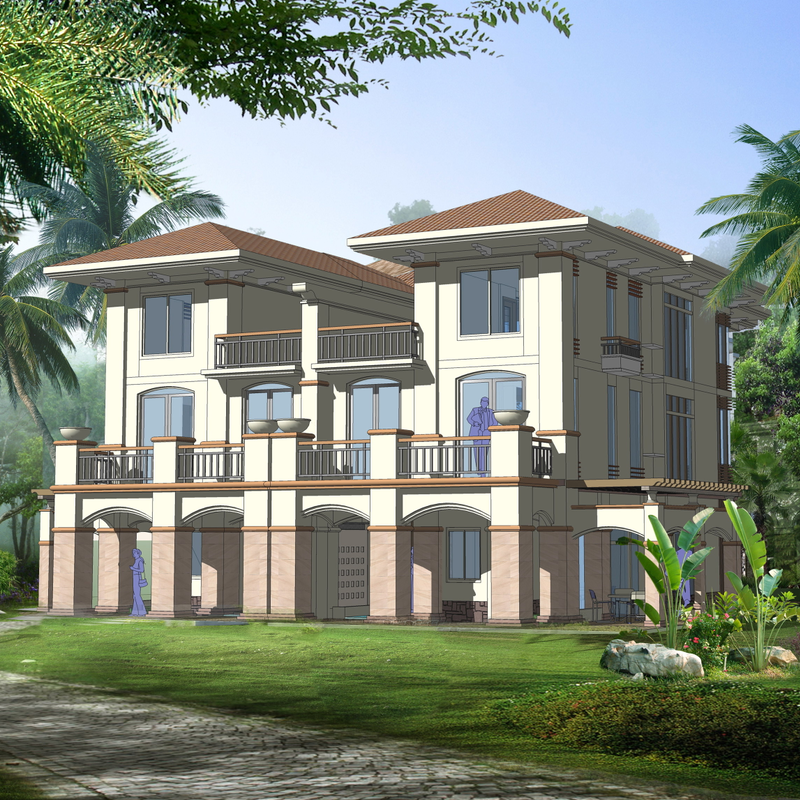 开间18.4进深20米195平方三层双拼别墅设计图纸骑楼带花架内庭院