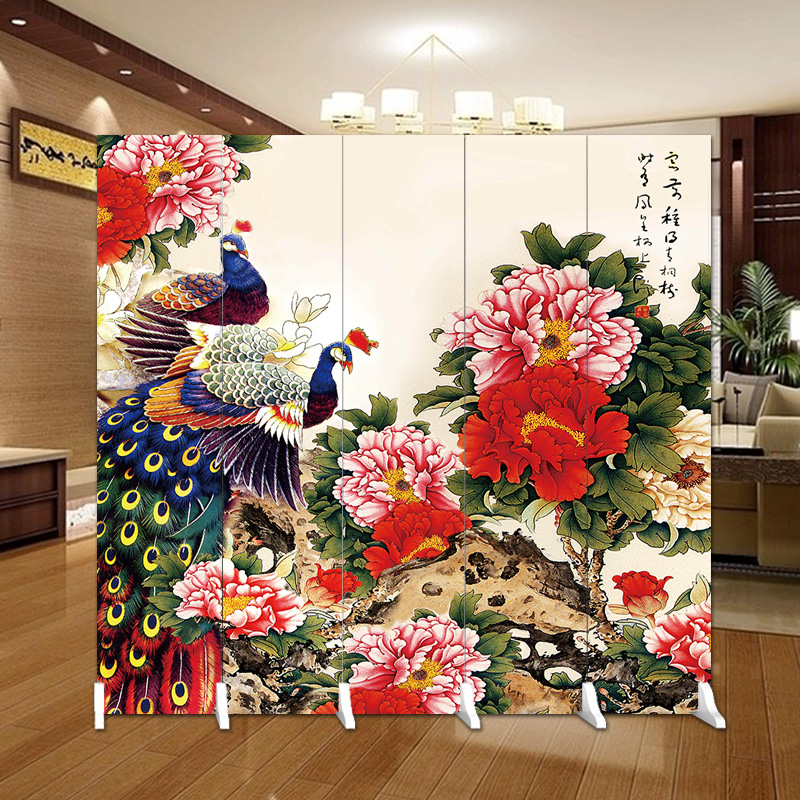 中式屏风入户隔断双面防透牡丹孔雀酒店客厅国画折叠遮挡装饰定制图片