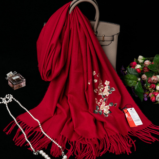 大红色围巾定制绣花围巾女秋冬季本命年刺绣围脖送妈妈仿羊绒披肩