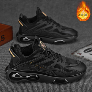 运动鞋男款黑色冬季男鞋2025新款加绒气垫减震工作休闲保暖跑步鞋