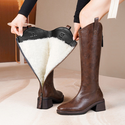2025真皮年长靴子长筒靴女加绒羊不过膝高筒靴羊皮毛一体显瘦长靴