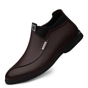 商务休闲加绒皮鞋 春季 男式 透气套脚皮鞋 男圆头牛皮拼接休闲鞋