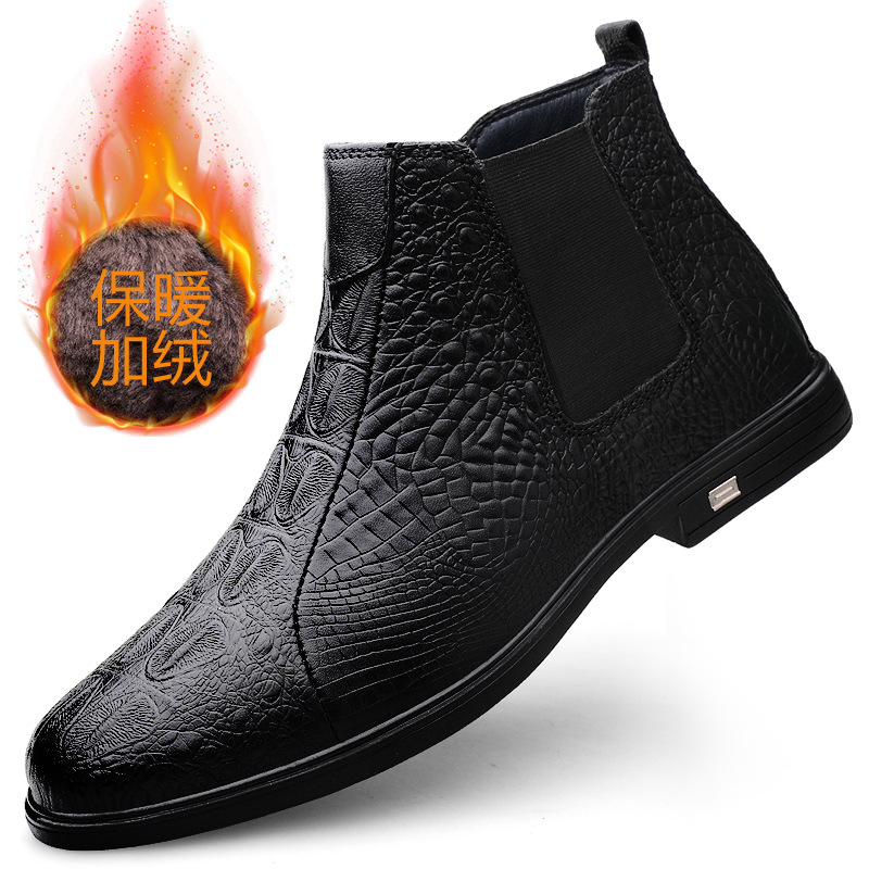 男鞋时装靴秋冬中帮套脚圆头切尔西靴鳄鱼纹头层牛皮日常百搭短靴