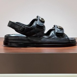 潮 2025夏新款 经典 小香风魔术贴真皮菱格沙滩凉鞋 女露趾罗马厚底鞋