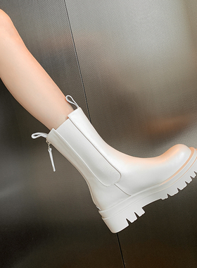 白色短靴女真皮内增高厚底中筒烟筒靴mona同款切尔西马丁靴小个子