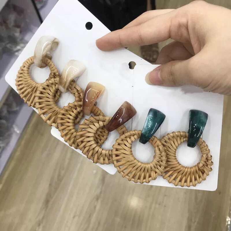 韩国东大门 树脂耳钉竹藤草编织耳环