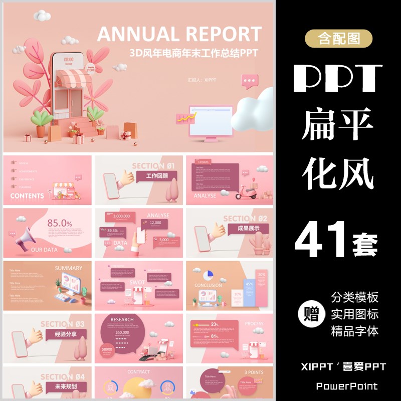 ppt模板商务动态扁平化多彩拟物化3D卡通年终总结答辩工作汇报PPT