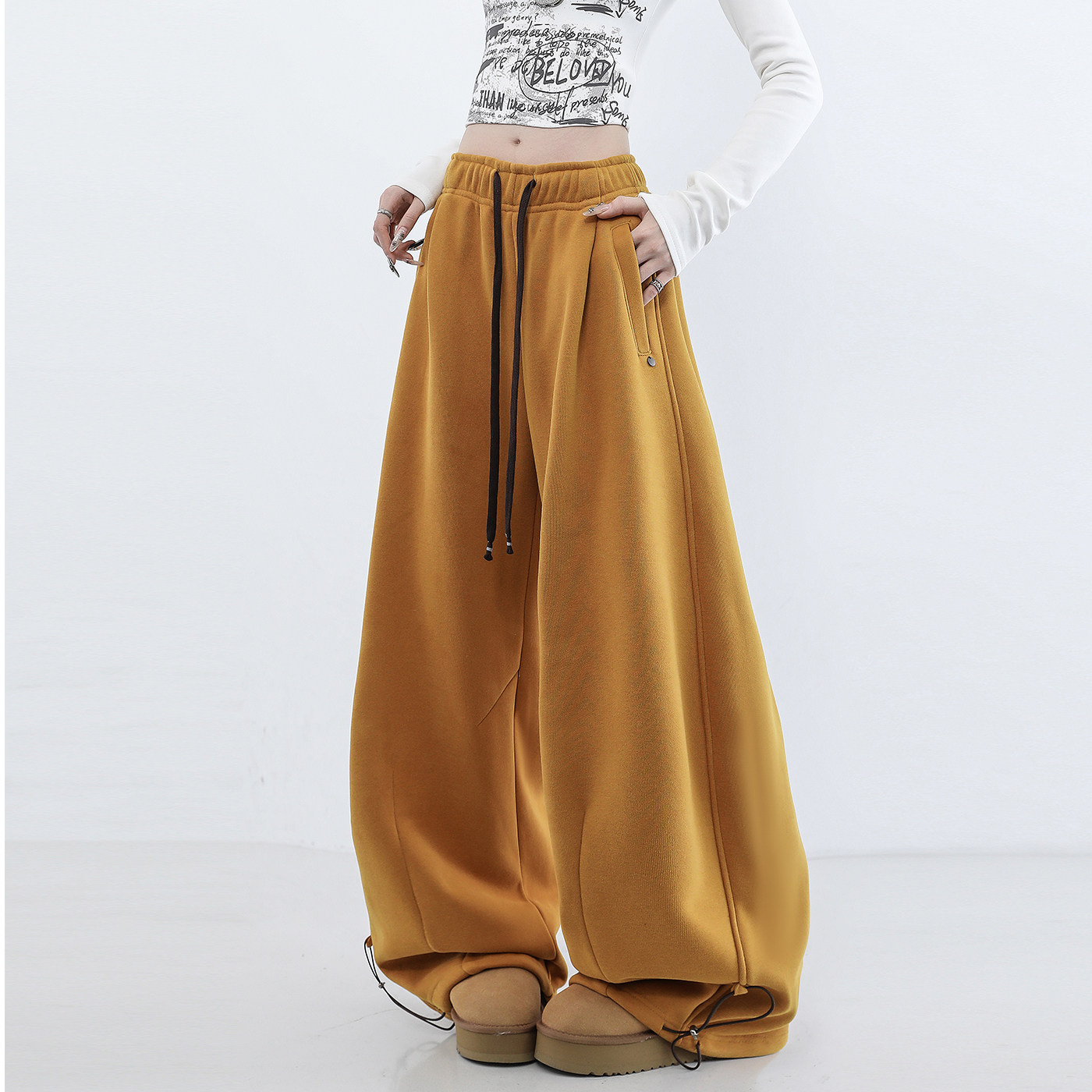 加绒卫裤2025冬季新款女时尚抽绳弯刀裤休闲宽松百搭别致香蕉裤,女装/女士精品,休闲裤,淘宝优惠券,粉丝福利购,淘宝优惠卷