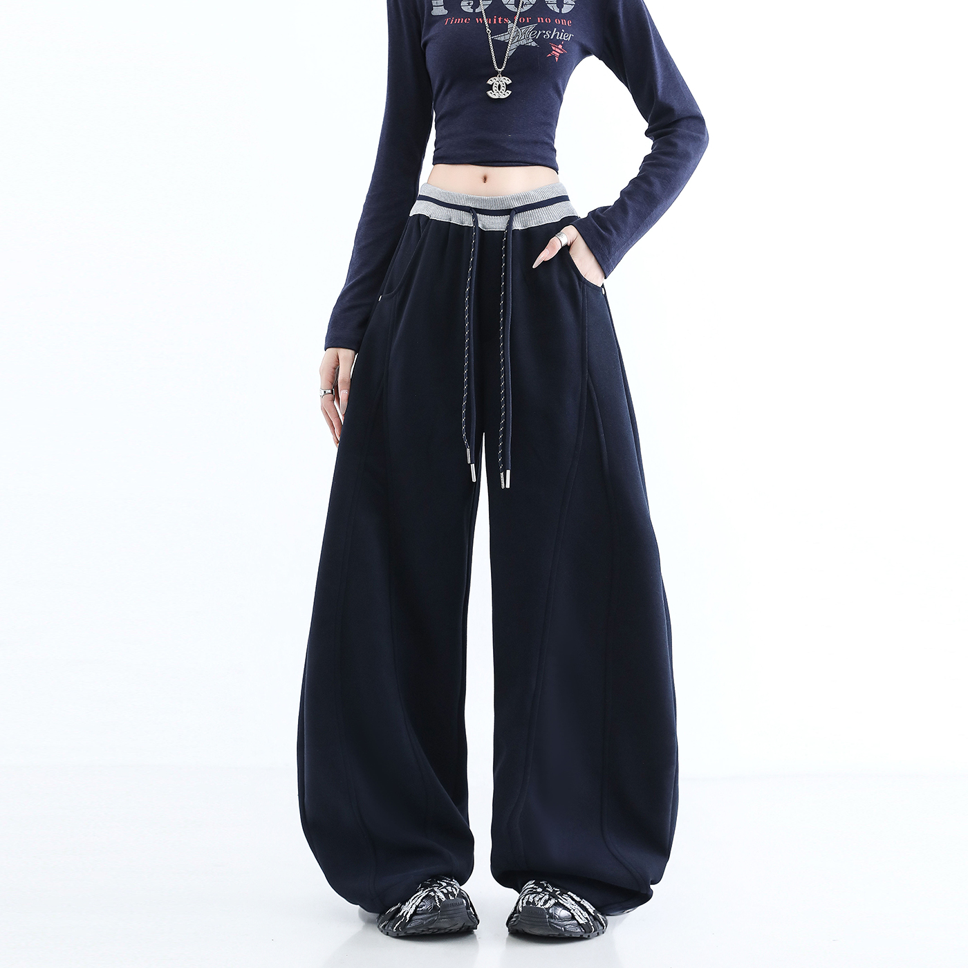 阔腿裤、高腰、长款、松紧腰