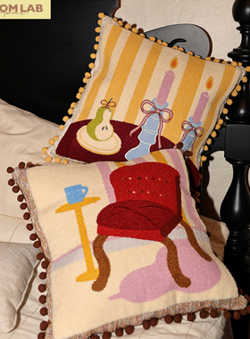 毛巾刺绣立体天鹅绒毛球流苏靠垫沙发床头腰垫装饰抱枕