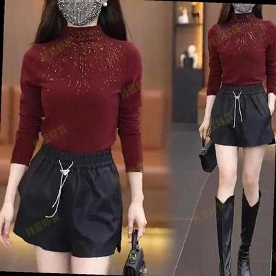 半高领长袖打底衫女秋冬2025新款枣红色上衣高级感烫钻修身打底衣