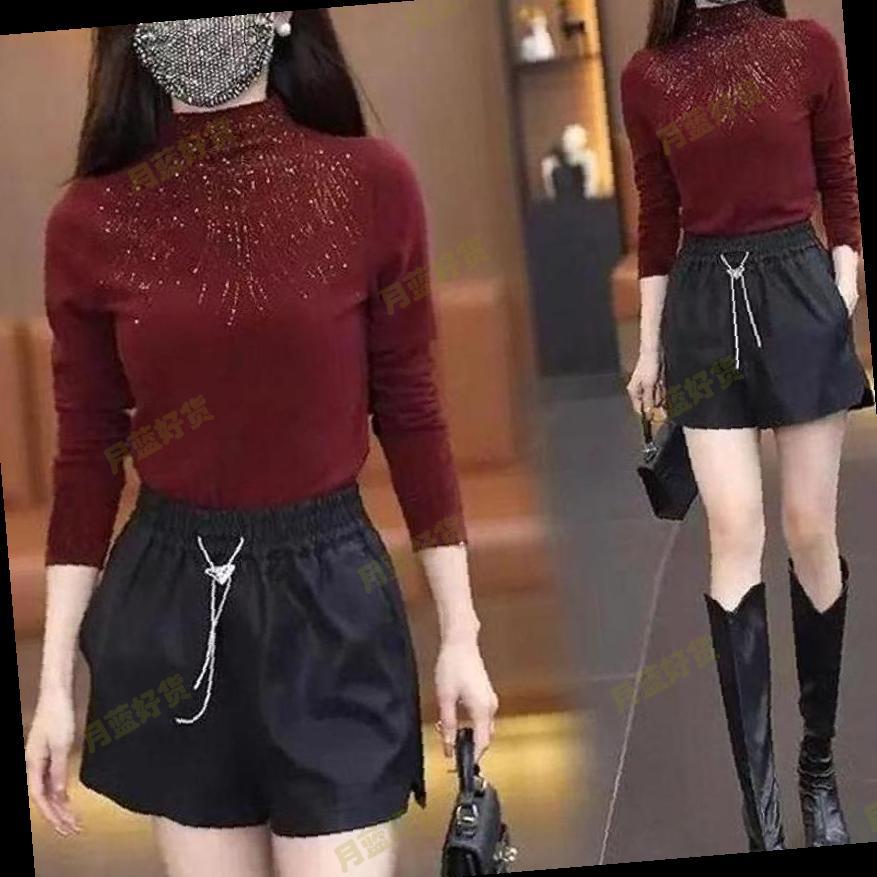 半高领长袖打底衫女秋冬2025新款枣红色上衣高级感烫钻修身打底衣