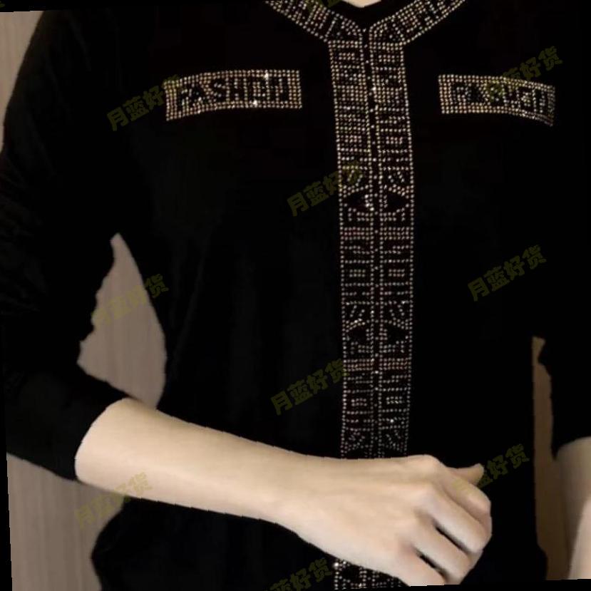 秋冬保暖德绒V领烫钻长袖遮肚修身显瘦减龄洋气质小衫妈妈装上衣