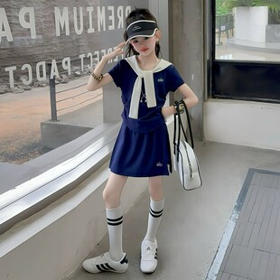 女童海军风套装夏季2025新款女大童披肩T恤短裙两件套休闲运动服