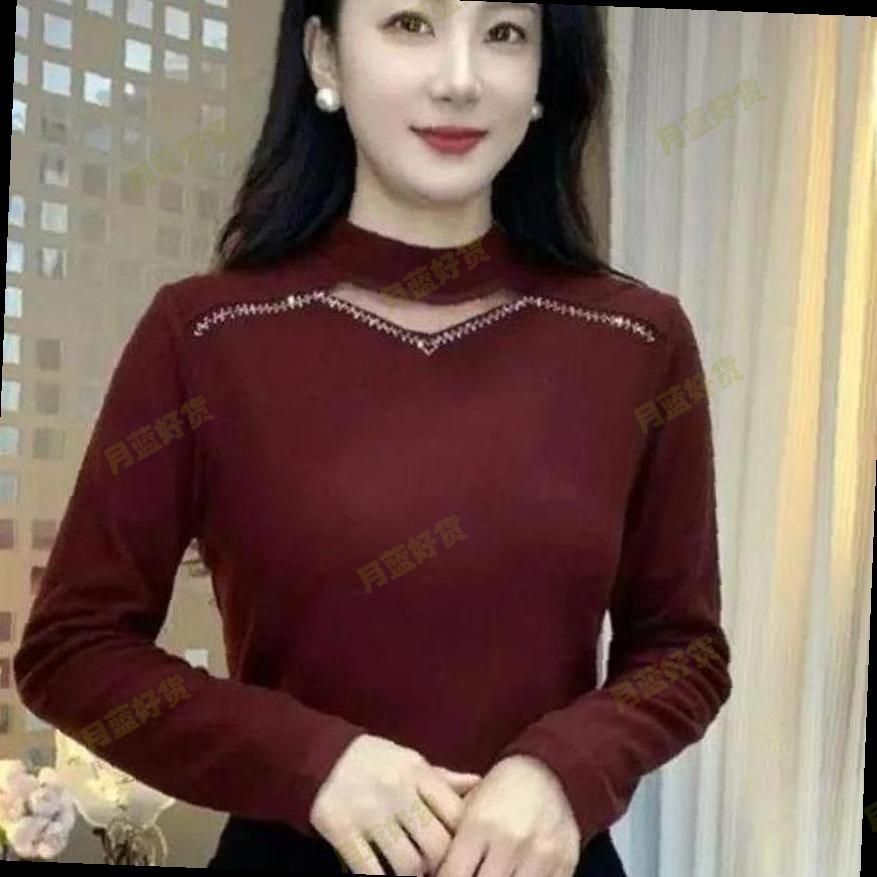 气质半高领烫钻长袖T恤女秋冬百搭一体绒保暖上衣中年妈妈德绒衫