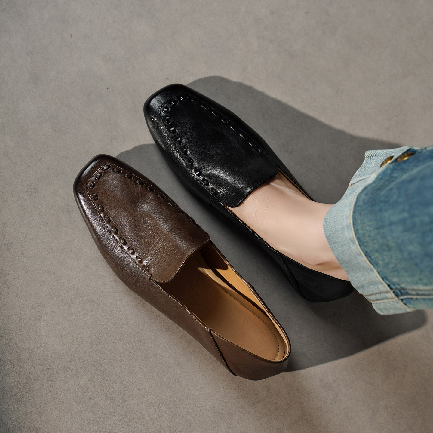 头层牛皮~英伦风方头平底乐福鞋女真皮软底不累脚百搭一脚蹬单鞋,女鞋,乐福鞋（豆豆鞋）,淘宝优惠券,粉丝福利购,淘宝优惠卷