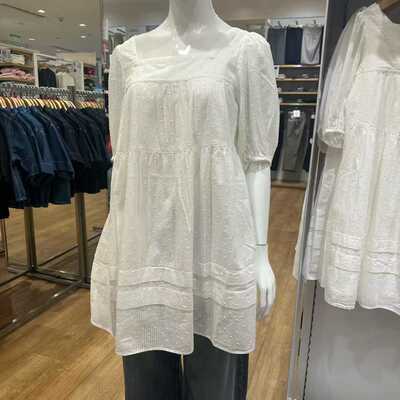 清新女装棉质提花迷你连衣裙方领宽松休闲短袖裙子春夏新款482790