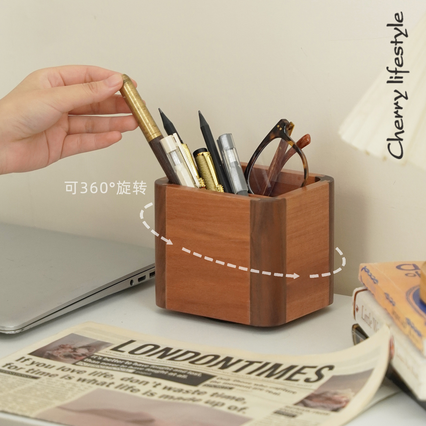 实木笔筒艺术感双木拼色双格大容量收纳筒防滑可旋转木质办公书桌