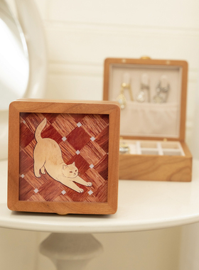 首饰收纳盒可爱猫咪图案首饰盒实木质项链戒指盒精致手饰品小礼盒