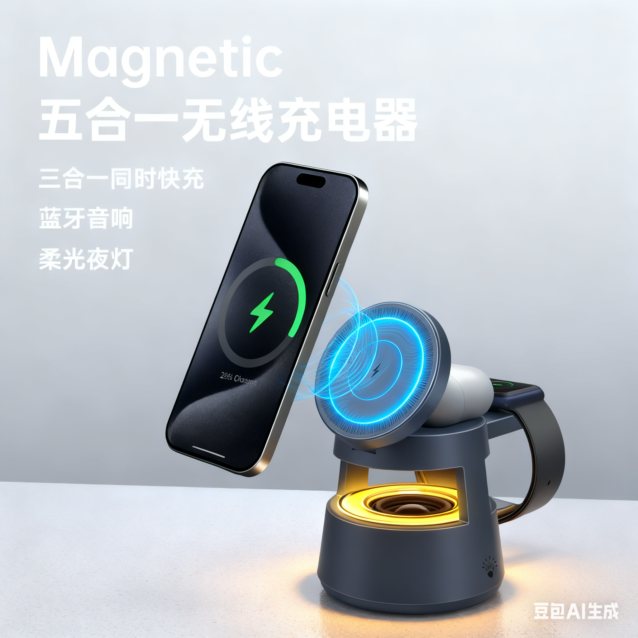 商务礼品磁吸五合一无线充电器 手机支架适用于苹果手机耳机手表