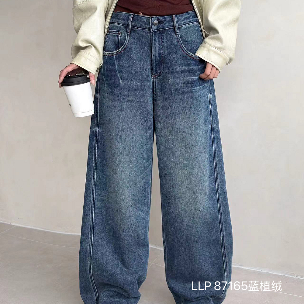 llp87165深蓝色植绒弯刀牛仔裤女